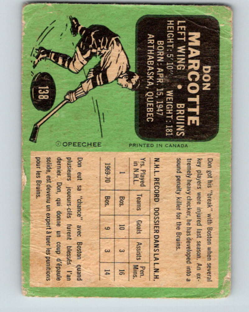 1970-71 O-Pee-Chee #138 Don Marcotte RC Rookie Boston Bruins V2725