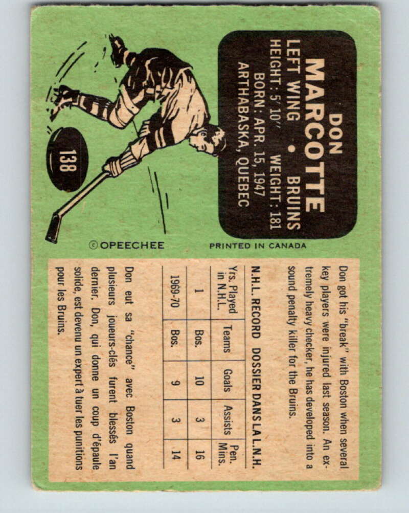 1970-71 O-Pee-Chee #138 Don Marcotte RC Rookie Boston Bruins V2726
