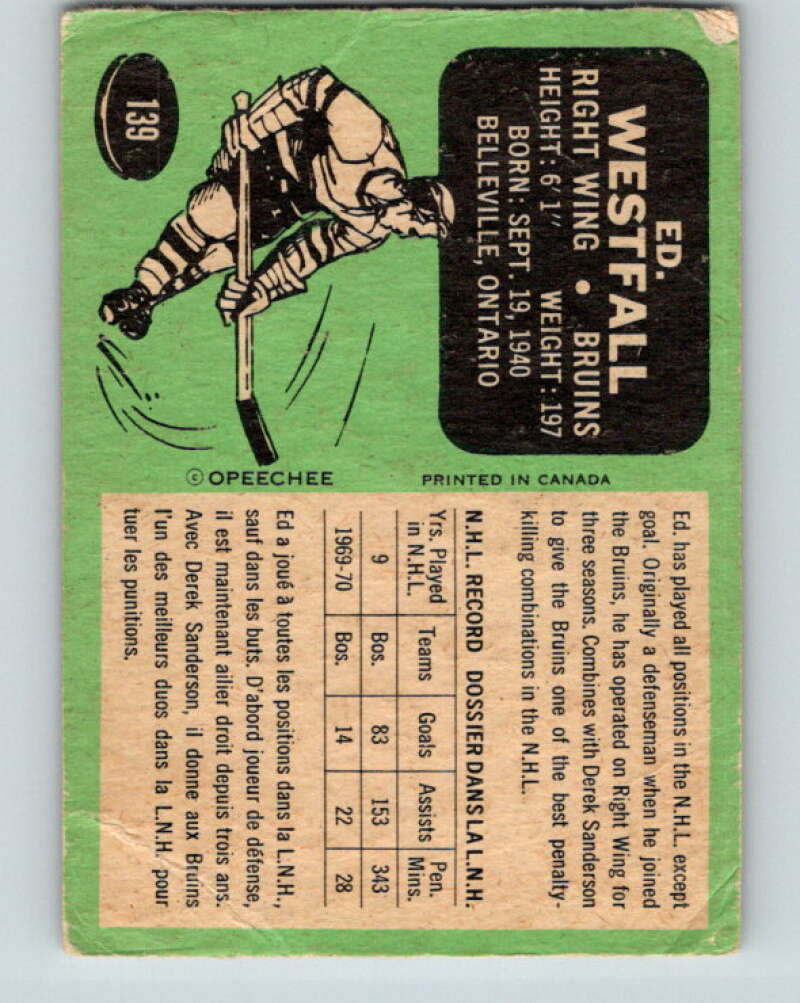 1970-71 O-Pee-Chee #139 Ed Westfall Boston Bruins V2729