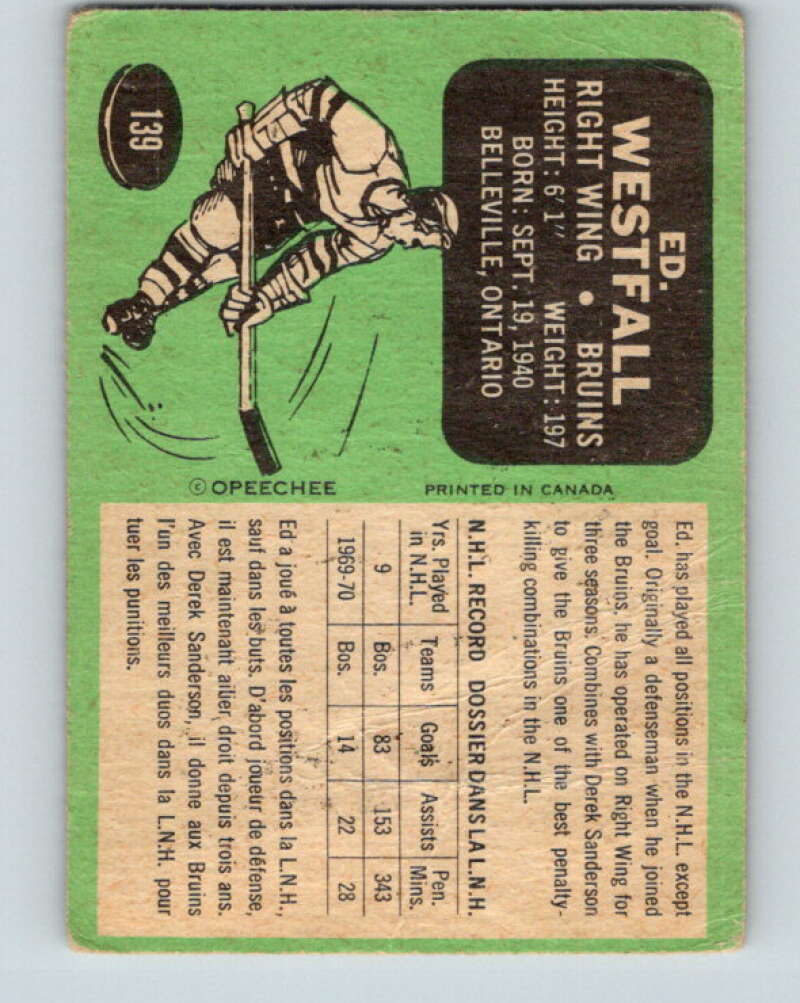 1970-71 O-Pee-Chee #139 Ed Westfall Boston Bruins V2733