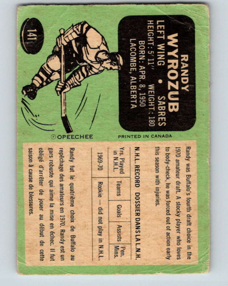 1970-71 O-Pee-Chee #141 Randy Wyrozub RC Rookie Buffalo Sabres V2740