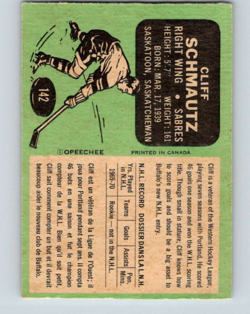 1970-71 O-Pee-Chee #142 Cliff Schmautz RC Rookie Buffalo Sabres V2742