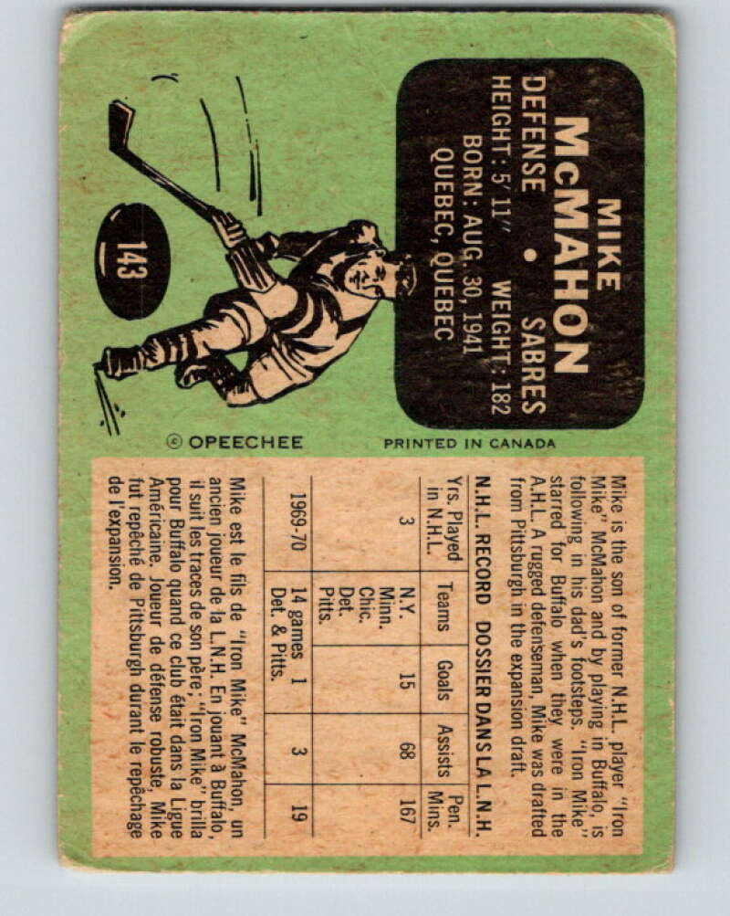 1970-71 O-Pee-Chee #143 Mike McMahon Buffalo Sabres V2743