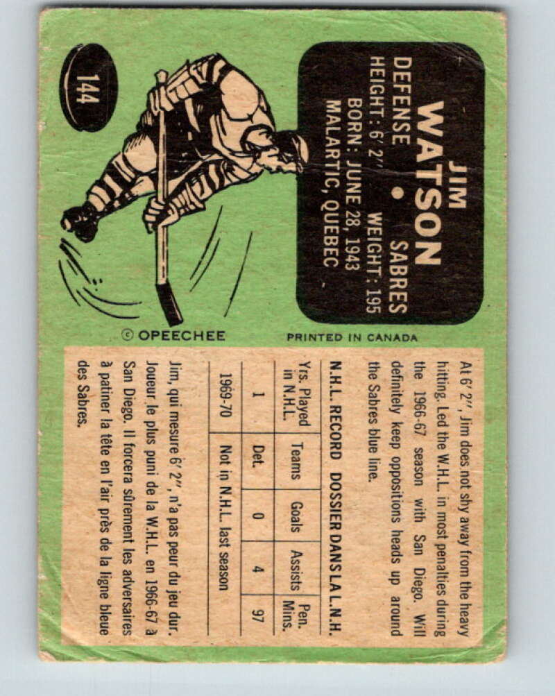 1970-71 O-Pee-Chee #144 Jim Watson Buffalo Sabres V2744