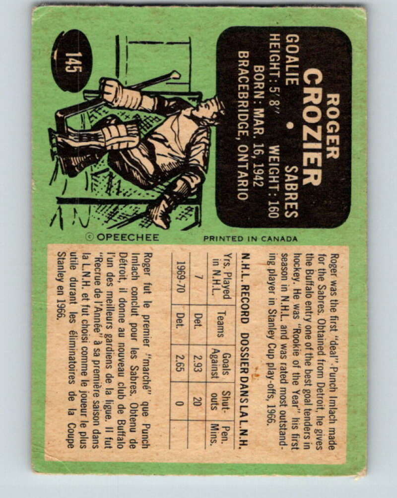 1970-71 O-Pee-Chee #145 Roger Crozier Buffalo Sabres V2745