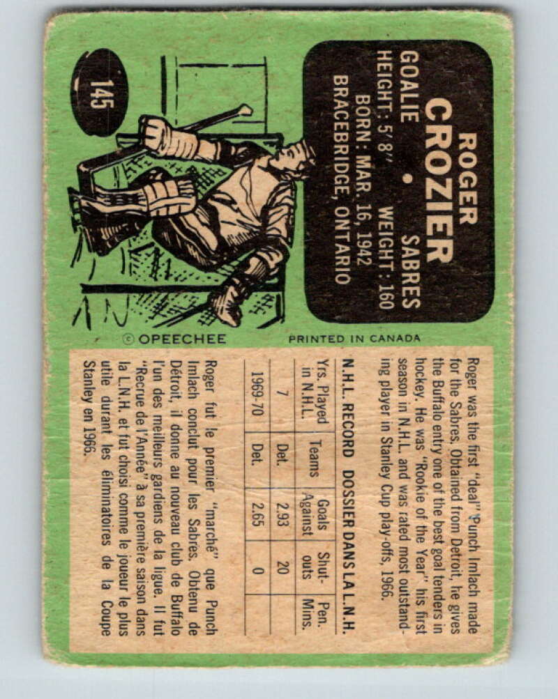 1970-71 O-Pee-Chee #145 Roger Crozier Buffalo Sabres V2746