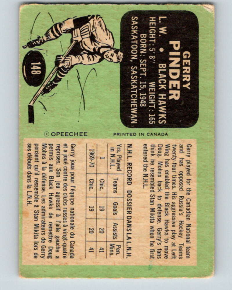 1970-71 O-Pee-Chee #148 Gerry Pinder RC Rookie Blackhawks V2759
