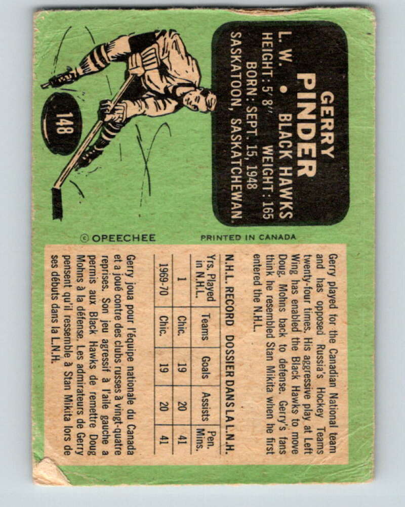 1970-71 O-Pee-Chee #148 Gerry Pinder RC Rookie Blackhawks V2760