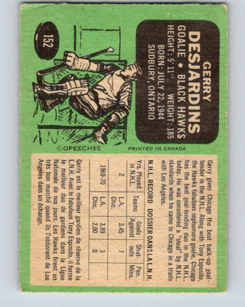 1970-71 O-Pee-Chee #152 Gerry Desjardins Chicago Blackhawks V2773