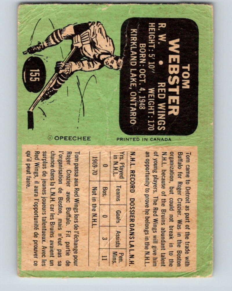 1970-71 O-Pee-Chee #155 Tom Webster RC Rookie Detroit Red Wings V2777
