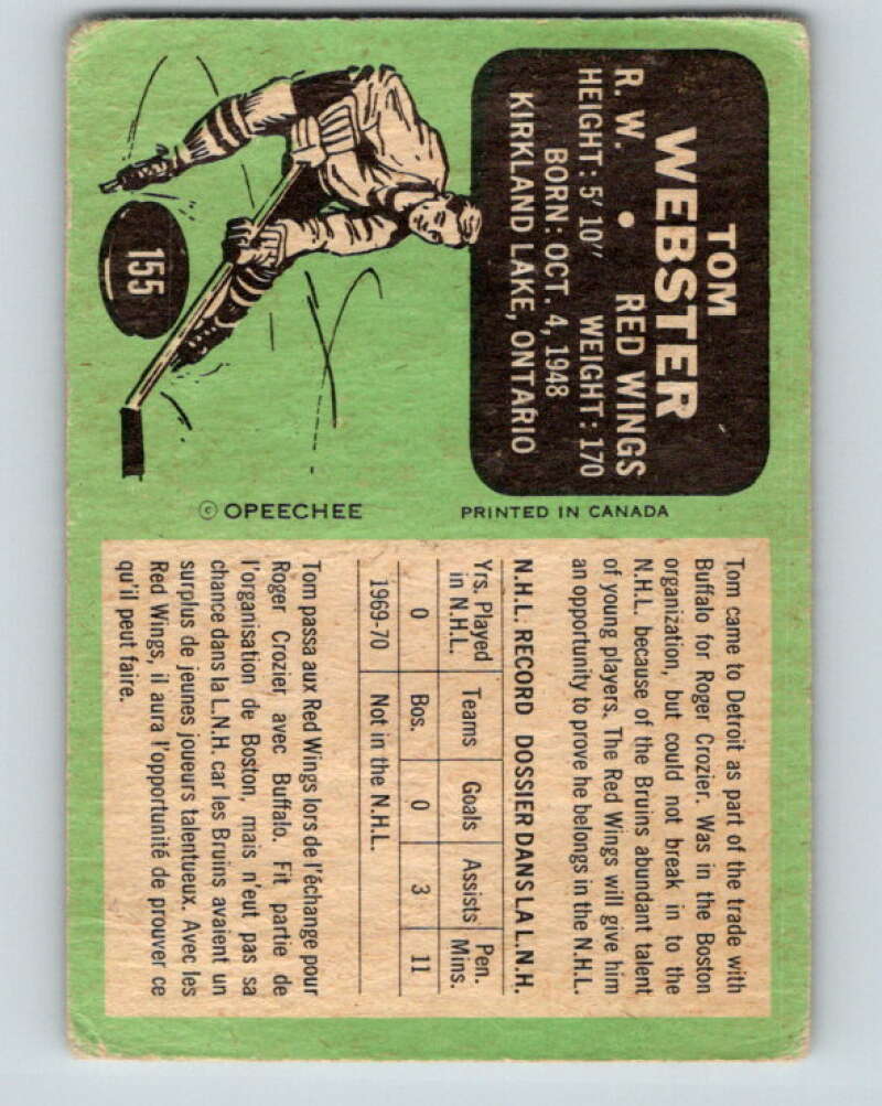 1970-71 O-Pee-Chee #155 Tom Webster RC Rookie Detroit Red Wings V2778