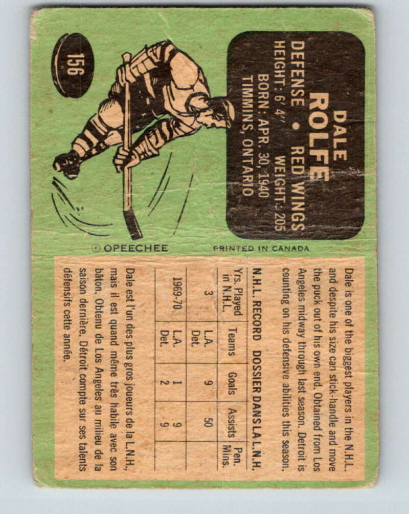 1970-71 O-Pee-Chee #156 Dale Rolfe Detroit Red Wings V2780