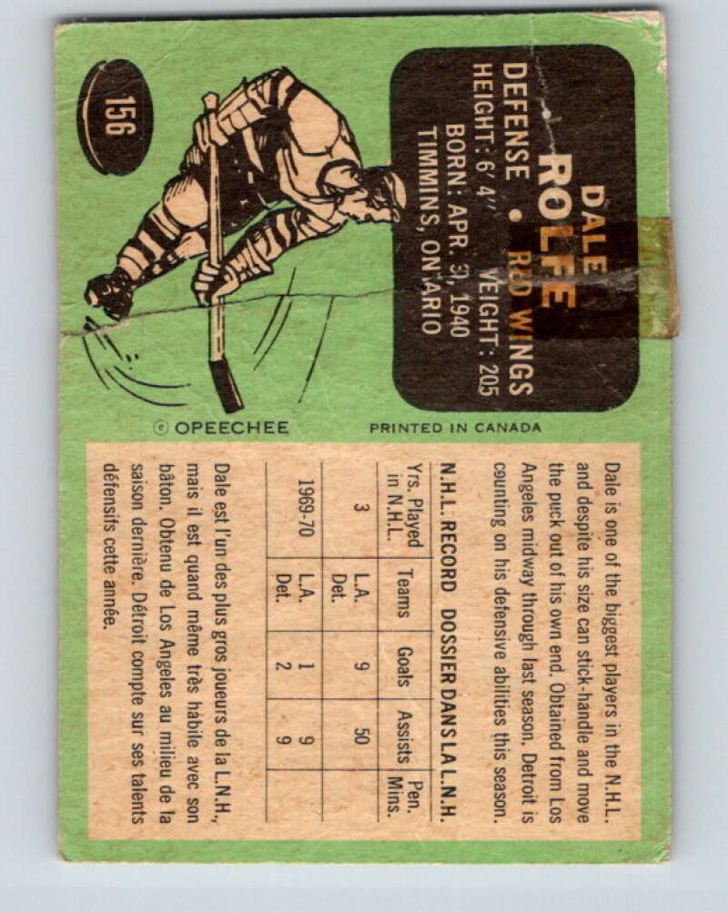 1970-71 O-Pee-Chee #156 Dale Rolfe Detroit Red Wings V2781
