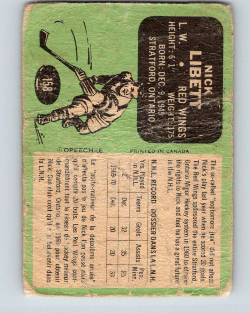 1970-71 O-Pee-Chee #158 Nick Libett Detroit Red Wings V2789