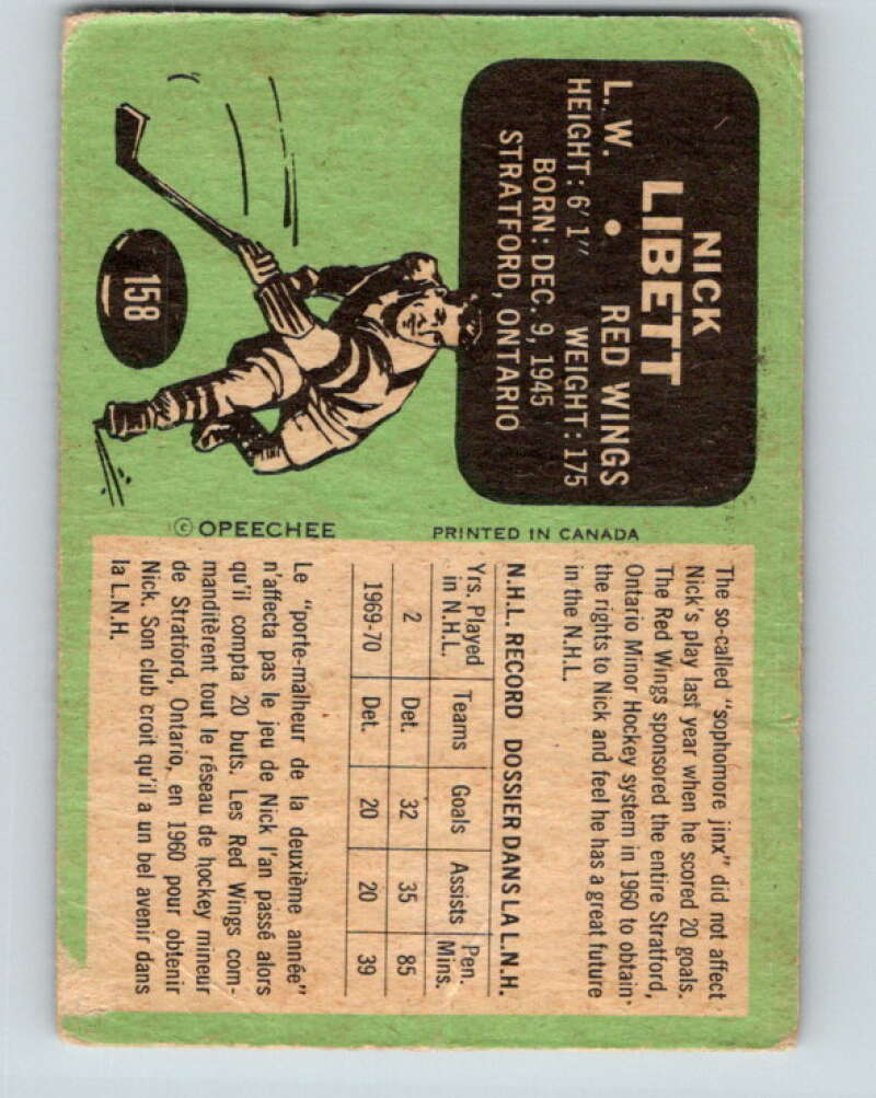 1970-71 O-Pee-Chee #158 Nick Libett Detroit Red Wings V2791
