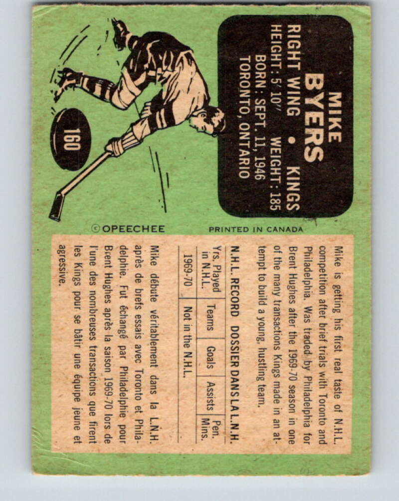 1970-71 O-Pee-Chee #160 Mike Byers RC Rookie Los Angeles Kings V2797