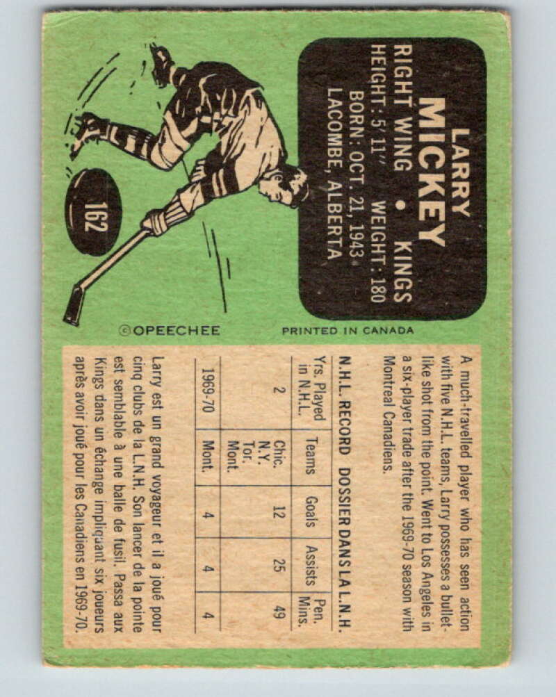 1970-71 O-Pee-Chee #162 Larry Mickey Los Angeles Kings V2804