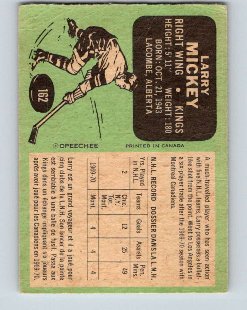 1970-71 O-Pee-Chee #162 Larry Mickey Los Angeles Kings V2806