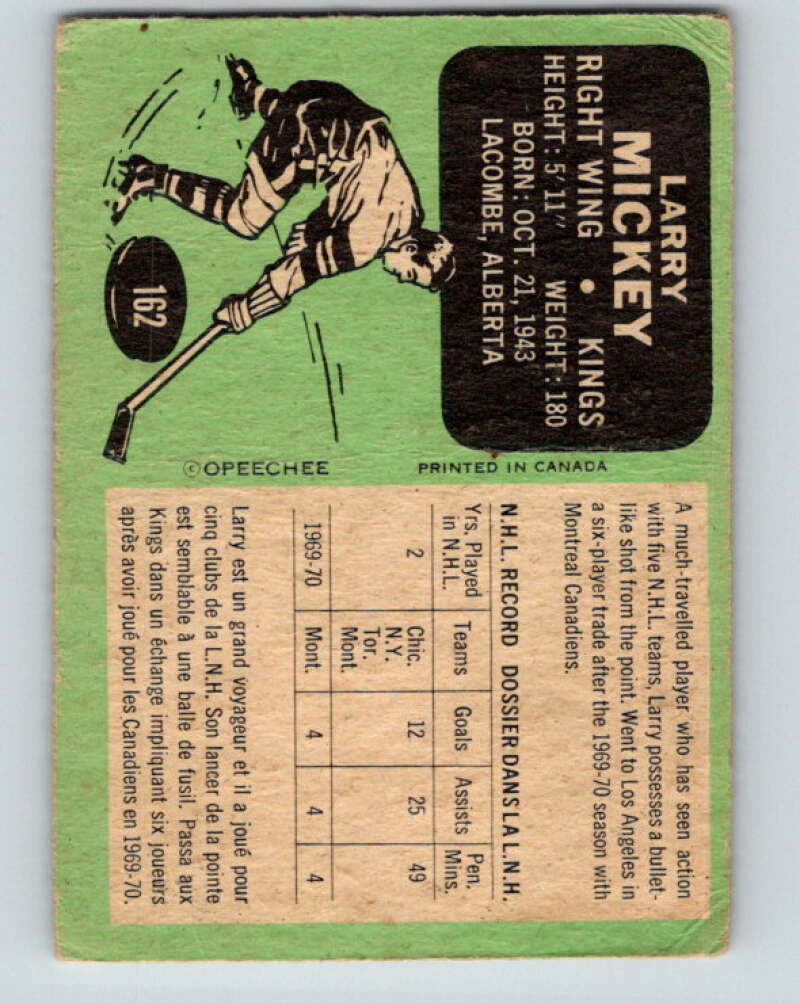 1970-71 O-Pee-Chee #162 Larry Mickey Los Angeles Kings V2808
