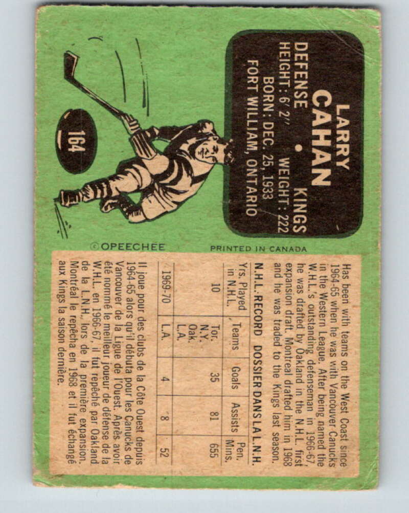 1970-71 O-Pee-Chee #164 Larry Cahan Los Angeles Kings V2814