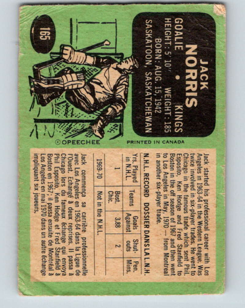 1970-71 O-Pee-Chee #165 Jack Norris RC Rookie Los Angeles Kings V2815