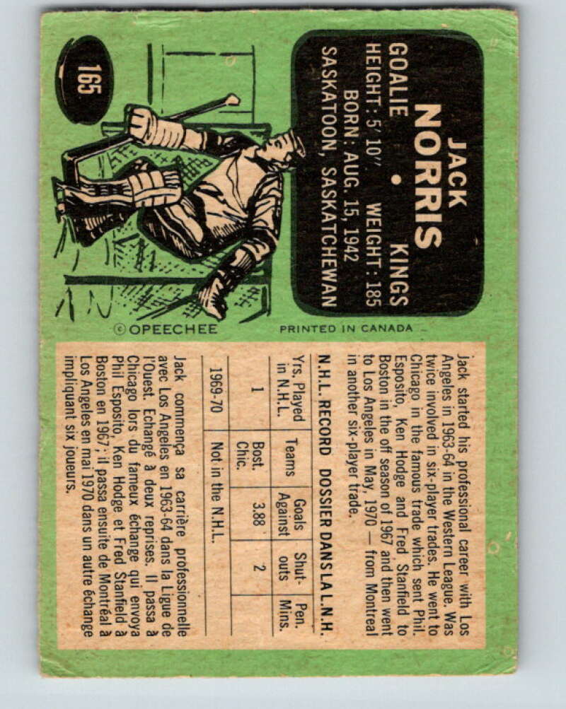 1970-71 O-Pee-Chee #165 Jack Norris RC Rookie Los Angeles Kings V2816
