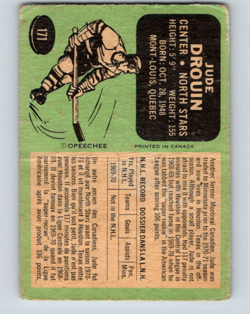 1970-71 O-Pee-Chee #171 Jude Drouin RC Rookie Minnesota North Stars V2836