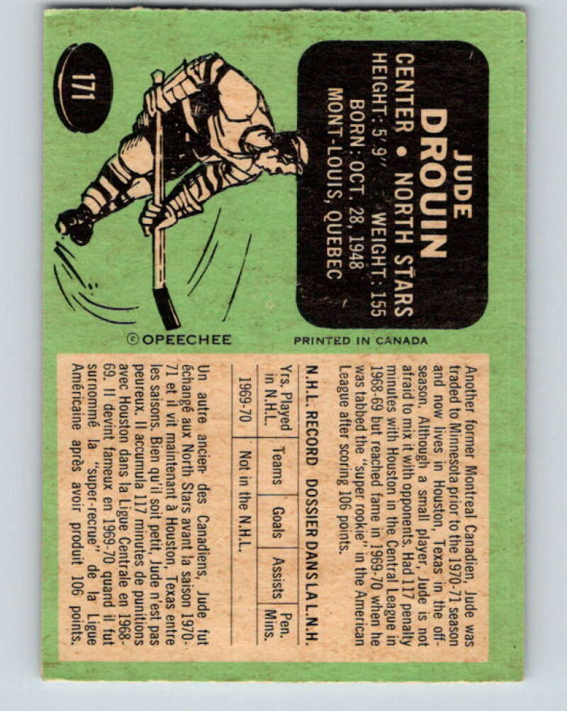 1970-71 O-Pee-Chee #171 Jude Drouin RC Rookie Minnesota North Stars V2837