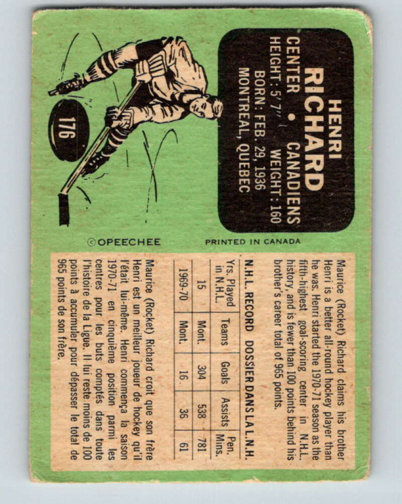 1970-71 O-Pee-Chee #176 Henri Richard Montreal Canadiens V2850