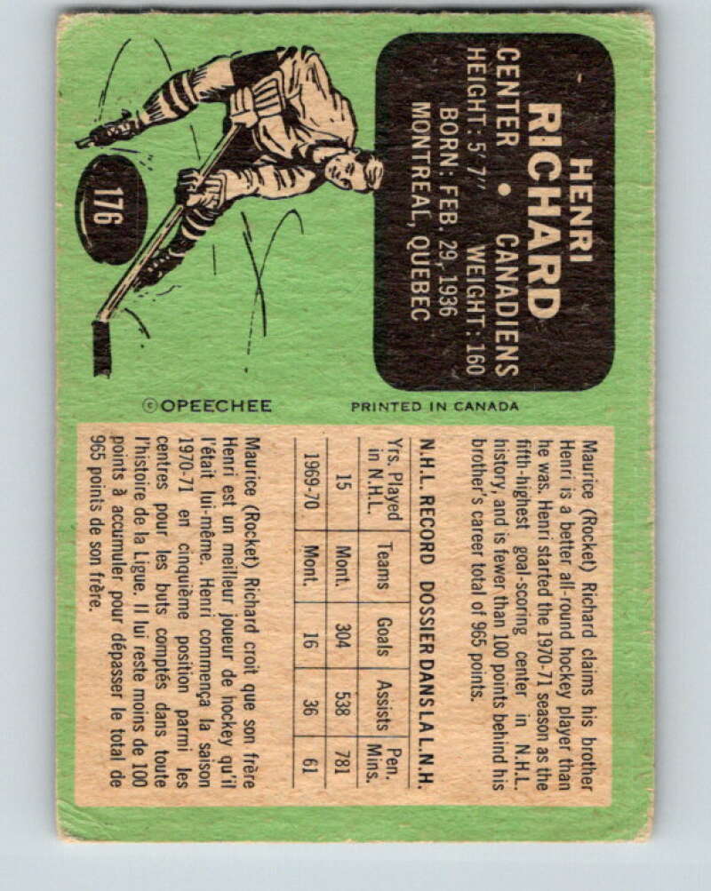 1970-71 O-Pee-Chee #176 Henri Richard Montreal Canadiens V2851