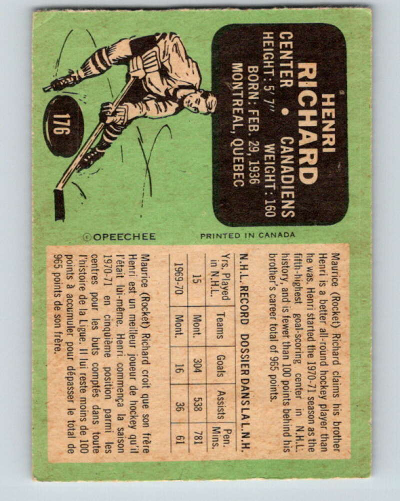 1970-71 O-Pee-Chee #176 Henri Richard Montreal Canadiens V2852