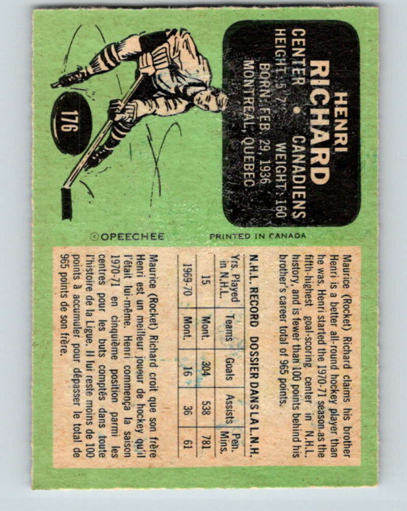 1970-71 O-Pee-Chee #176 Henri Richard Montreal Canadiens V2853