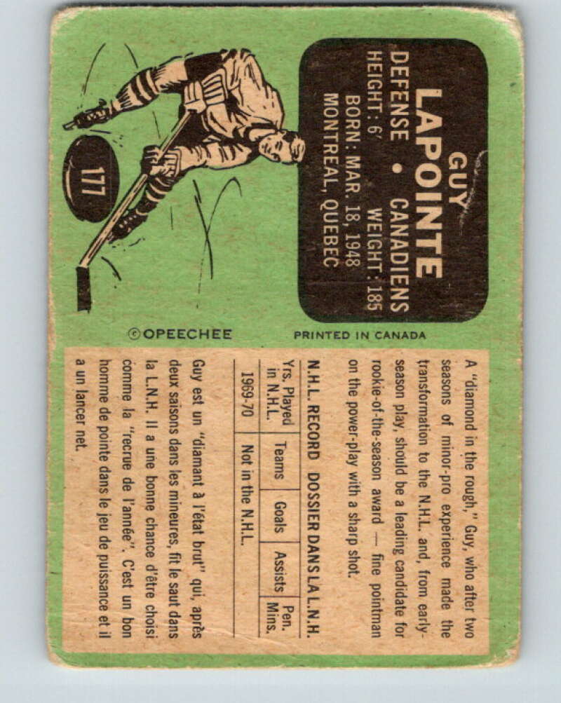 1970-71 O-Pee-Chee #177 Guy Lapointe RC Rookie Montreal Canadiens V2856