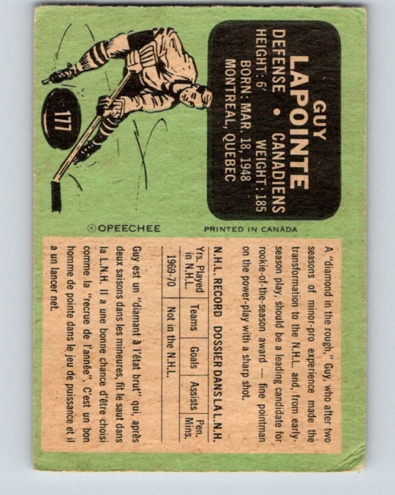 1970-71 O-Pee-Chee #177 Guy Lapointe RC Rookie Montreal Canadiens V2857