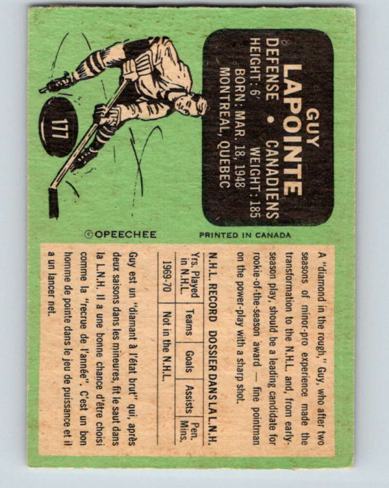 1970-71 O-Pee-Chee #177 Guy Lapointe RC Rookie Montreal Canadiens V2858