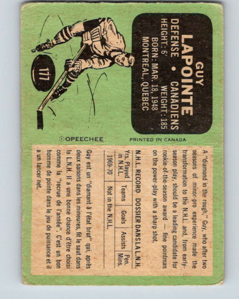 1970-71 O-Pee-Chee #177 Guy Lapointe RC Rookie Montreal Canadiens V2859