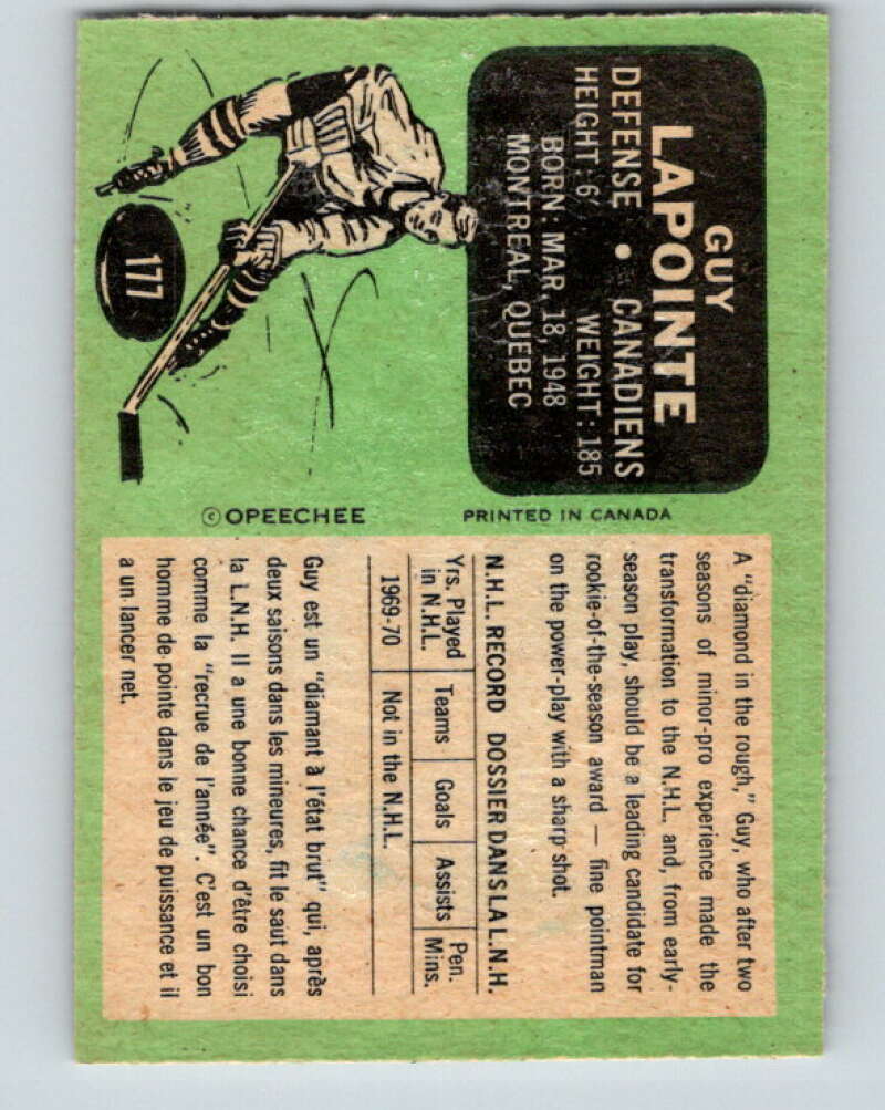 1970-71 O-Pee-Chee #177 Guy Lapointe RC Rookie Montreal Canadiens V2860