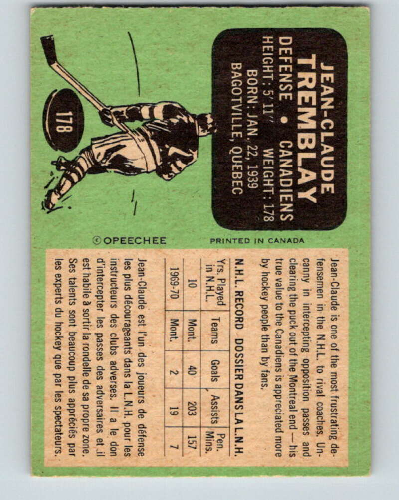 1970-71 O-Pee-Chee #178 J.C. Tremblay Montreal Canadiens V2864