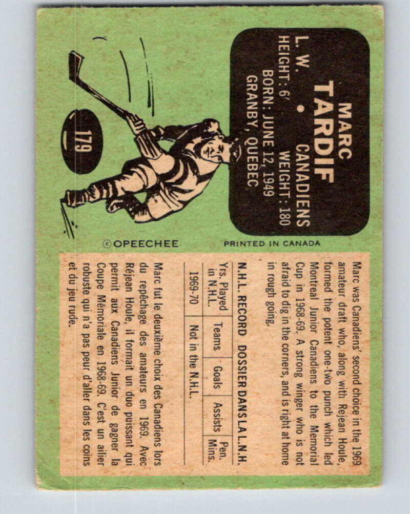 1970-71 O-Pee-Chee #179 Marc Tardif RC Rookie Montreal Canadiens V2867
