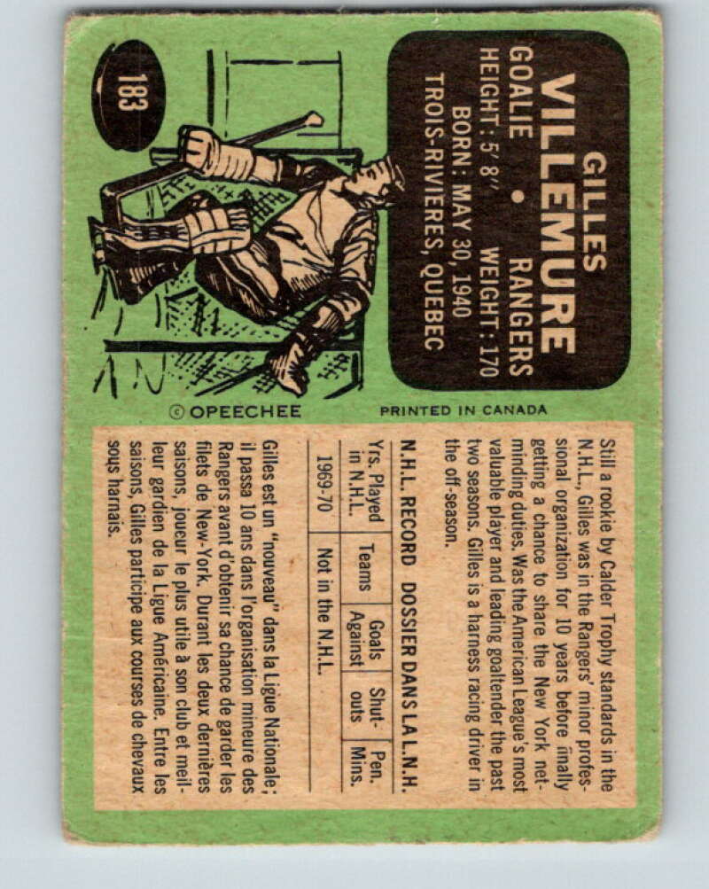 1970-71 O-Pee-Chee #183 Gilles Villemure New York Rangers V2890