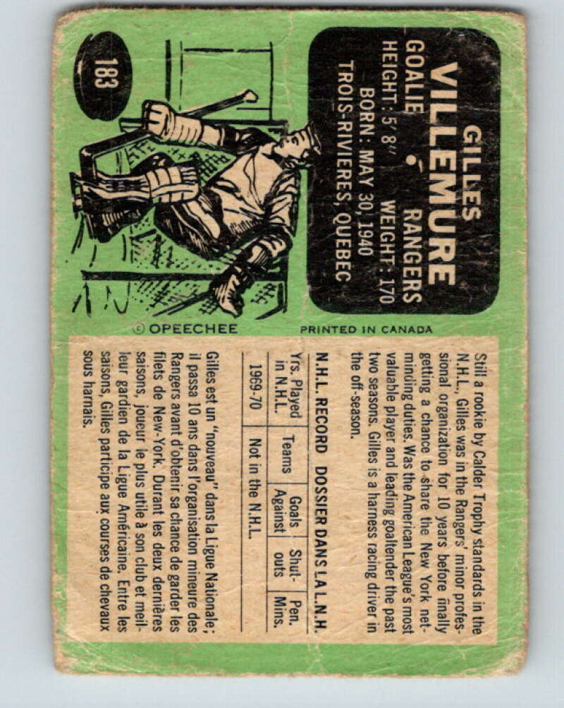 1970-71 O-Pee-Chee #183 Gilles Villemure New York Rangers V2891