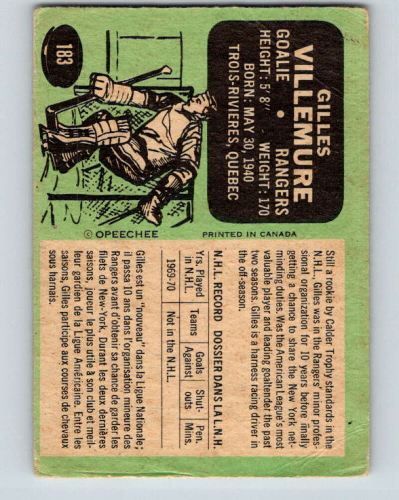 1970-71 O-Pee-Chee #183 Gilles Villemure New York Rangers V2892