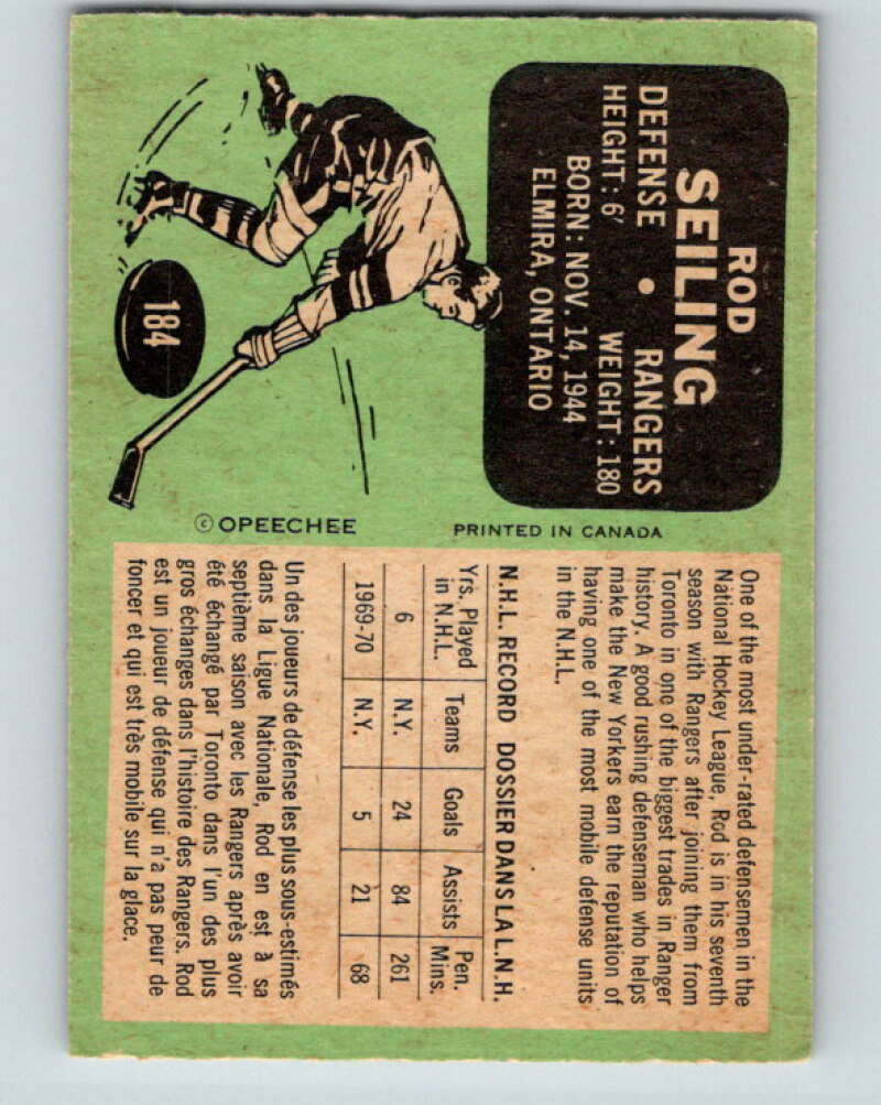 1970-71 O-Pee-Chee #184 Rod Seiling New York Rangers V2894