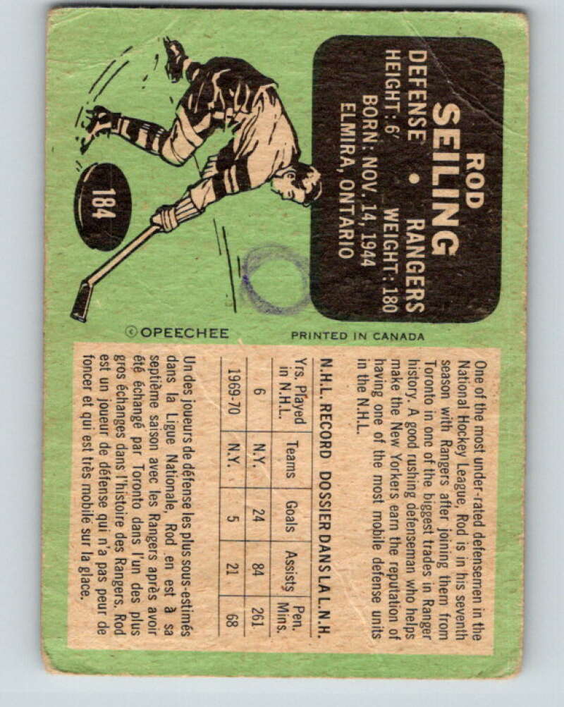 1970-71 O-Pee-Chee #184 Rod Seiling New York Rangers V2895