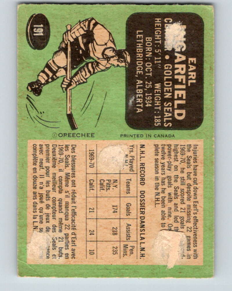 1970-71 O-Pee-Chee #191 Earl Ingarfield California Golden Seals V2915