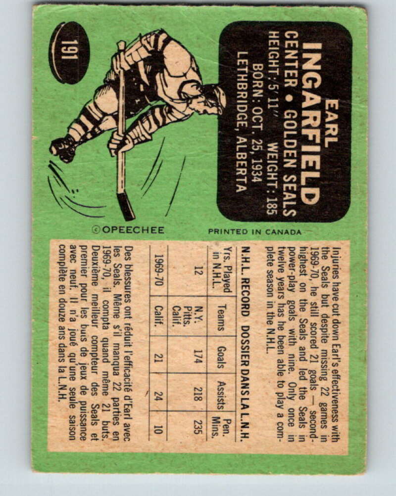 1970-71 O-Pee-Chee #191 Earl Ingarfield California Golden Seals V2916