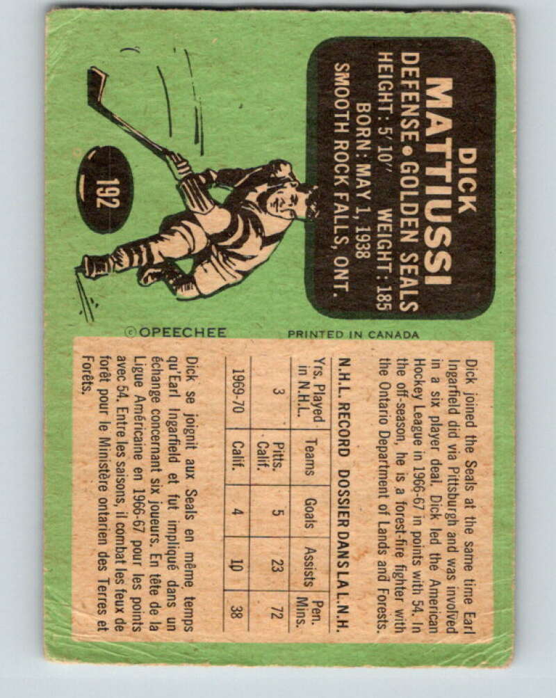 1970-71 O-Pee-Chee #192 Dick Mattiussi California Golden Seals V2919