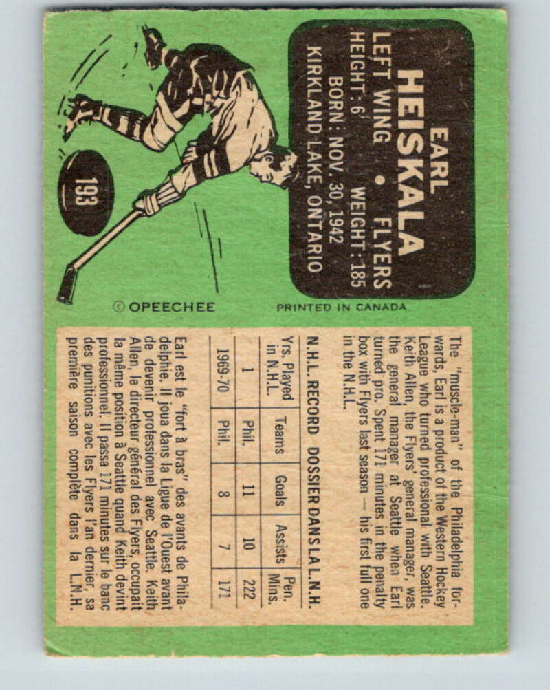 1970-71 O-Pee-Chee #193 Earl Heiskala Philadelphia Flyers V2922