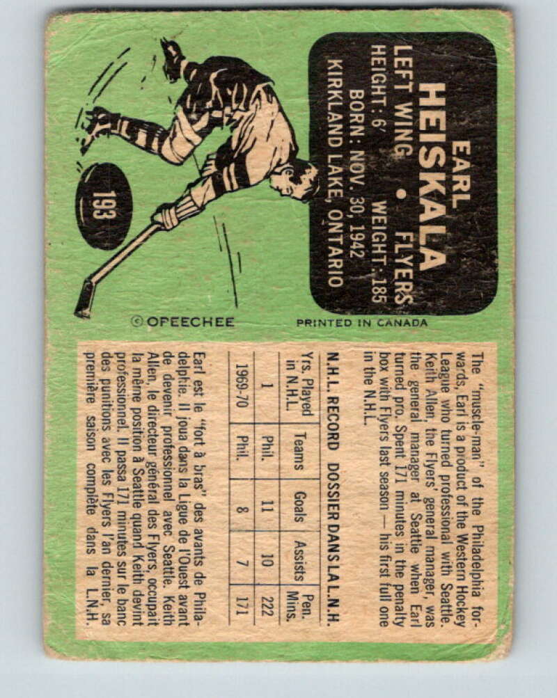 1970-71 O-Pee-Chee #193 Earl Heiskala Philadelphia Flyers V2923
