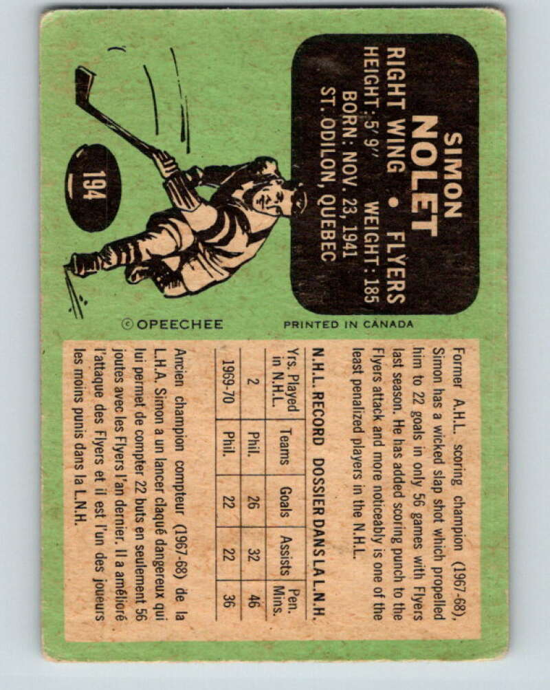 1970-71 O-Pee-Chee #194 Simon Nolet Philadelphia Flyers V2924